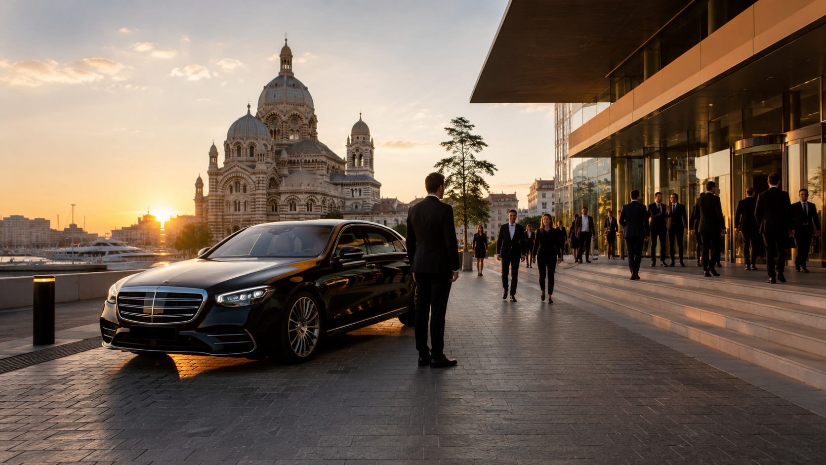 Private chauffeur Mercedes in front of Marseille cathedral at sunset - Marseille events May June 2026