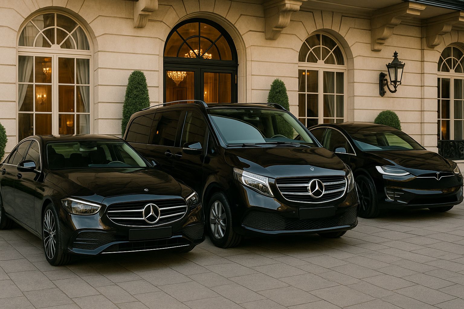 Berline, van et SUV premium devant un hôtel pour un mariage à Marseille